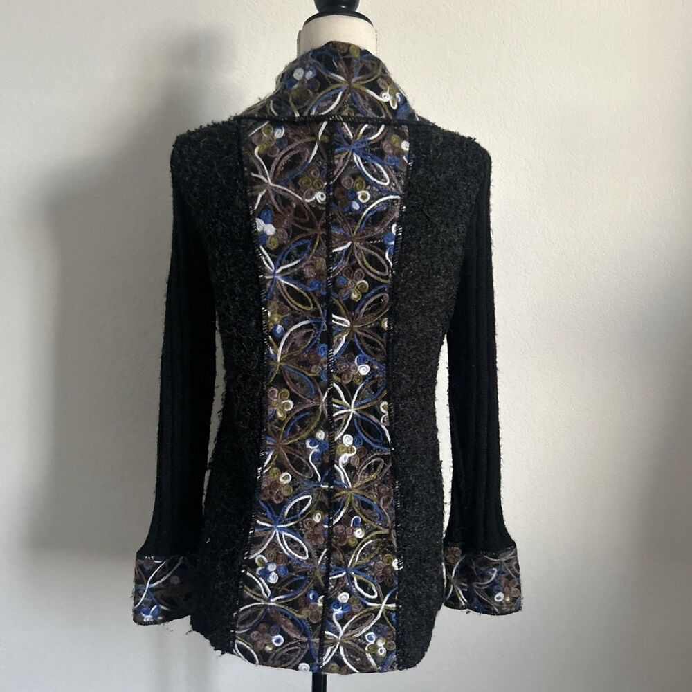 Liquid By Sioni Cardigan Black Embroidered Wool & Mohair Buttoned Sweater Sz L - Picture 2 of 11